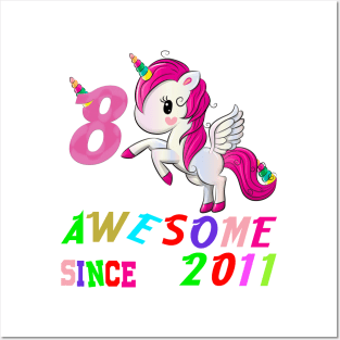 8 Years Old 8th Birthday Unicorn Dabbing Shirt Girl Party T-Shirt Posters and Art